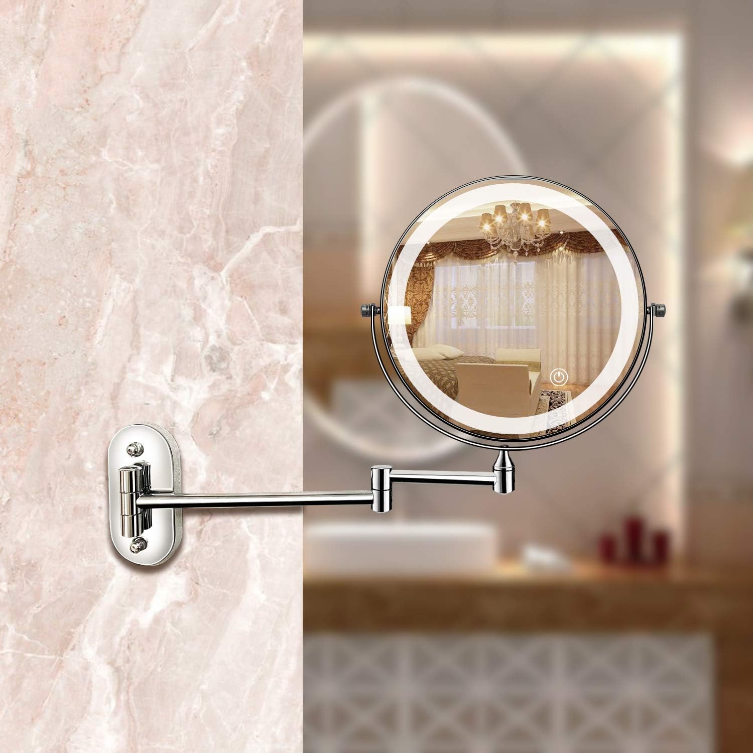 Lustro Ścienne do Makijażu | Lustro LED do Łazienki | Chromowane, Ładowane USB