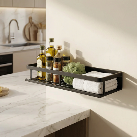Półka Kuchennego Porządku | Nowoczesna Półka Ścienna | Czarna Metalowa Konstrukcja