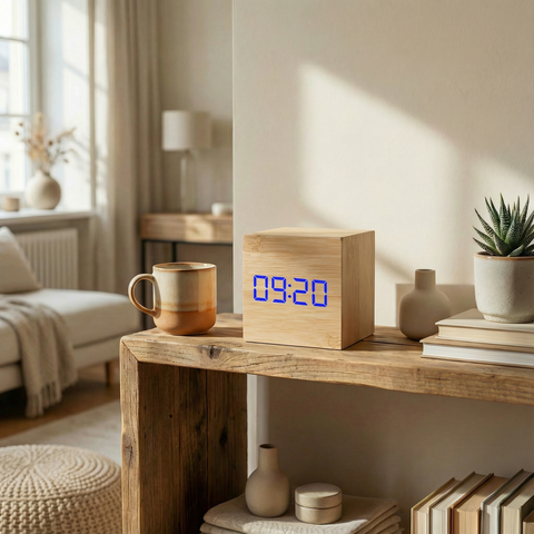 Drewniany Budzik LED | Minimalistyczny Zegar Stołowy | Sześcienna Forma