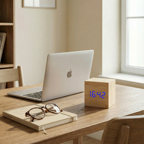 Drewniany Budzik LED | Minimalistyczny Zegar Stołowy | Sześcienna Forma