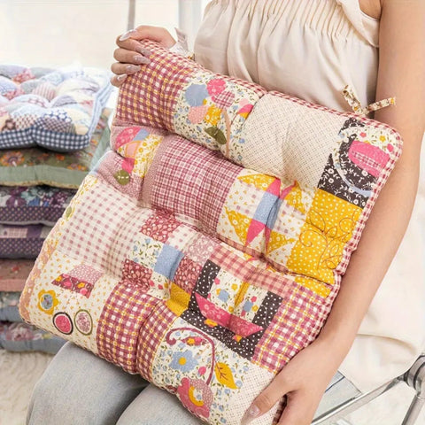 Gruba Poduszka Siedziskowa | Styl Boho Kwiatowy | Patchwork 38,5x38,5x6,6 cm