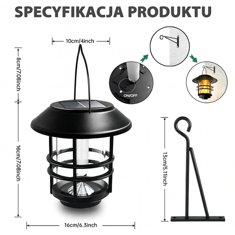Latarnia Solarna LumaFlame | Wisząca Lampa LED z Efektem Płomienia | IP65 do Ogrodu i Tarasu