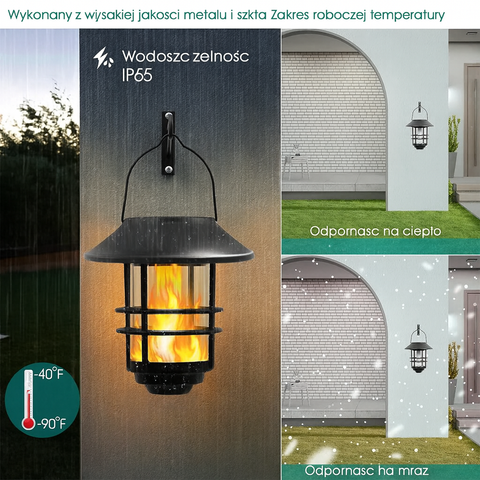 Latarnia Solarna LumaFlame | Wisząca Lampa LED z Efektem Płomienia | IP65 do Ogrodu i Tarasu
