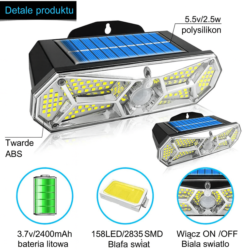 Zestaw Lampa Ścienna Solarna LuminoGuard | Oświetlenie LED 158 | Czujnik Ruchu IP65