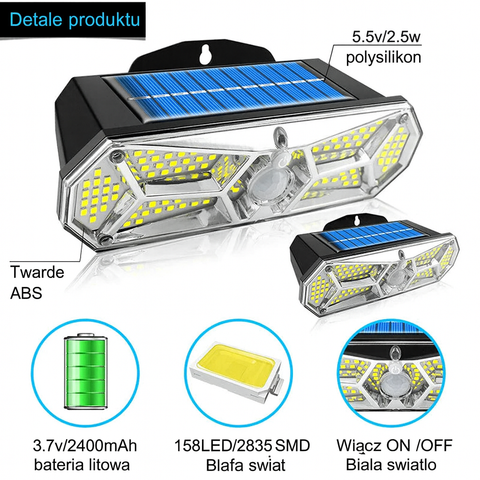 Zestaw Lampa Ścienna Solarna LuminoGuard | Oświetlenie LED 158 | Czujnik Ruchu IP65