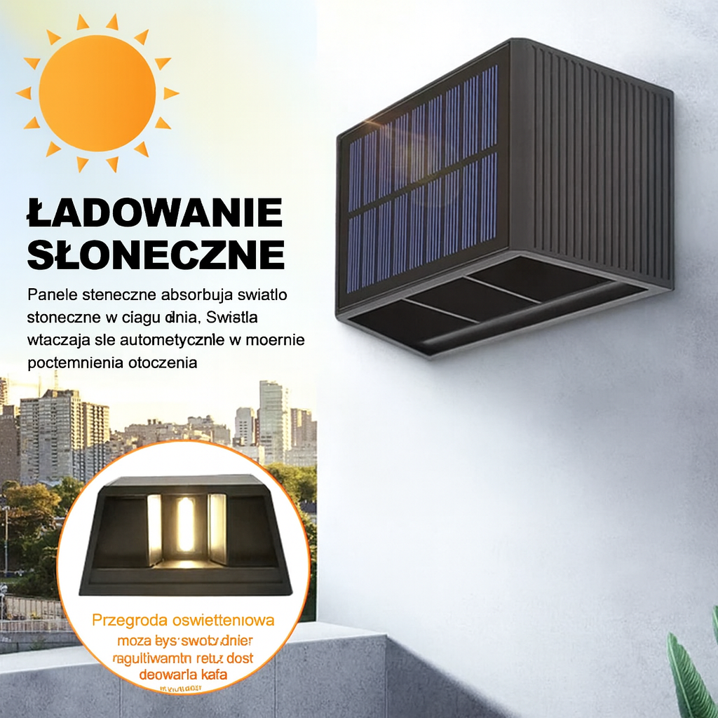 Lampa Elewacyjna SunGlow | Kinkiet Zewnętrzny LED | Zasilanie Solarne