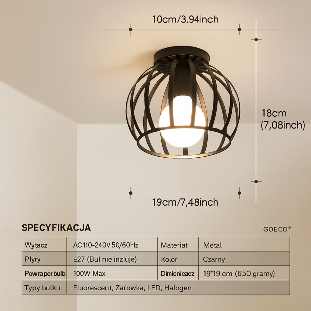 Lampa Sufitowa Luminara | Industrialne Oświetlenie Wewnętrzne | Metalowa Klatka