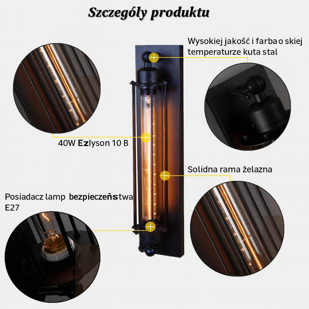 Lampa Ścienna Vintage | Oświetlenie LED Dekoracyjne | Żeliwna Konstrukcja