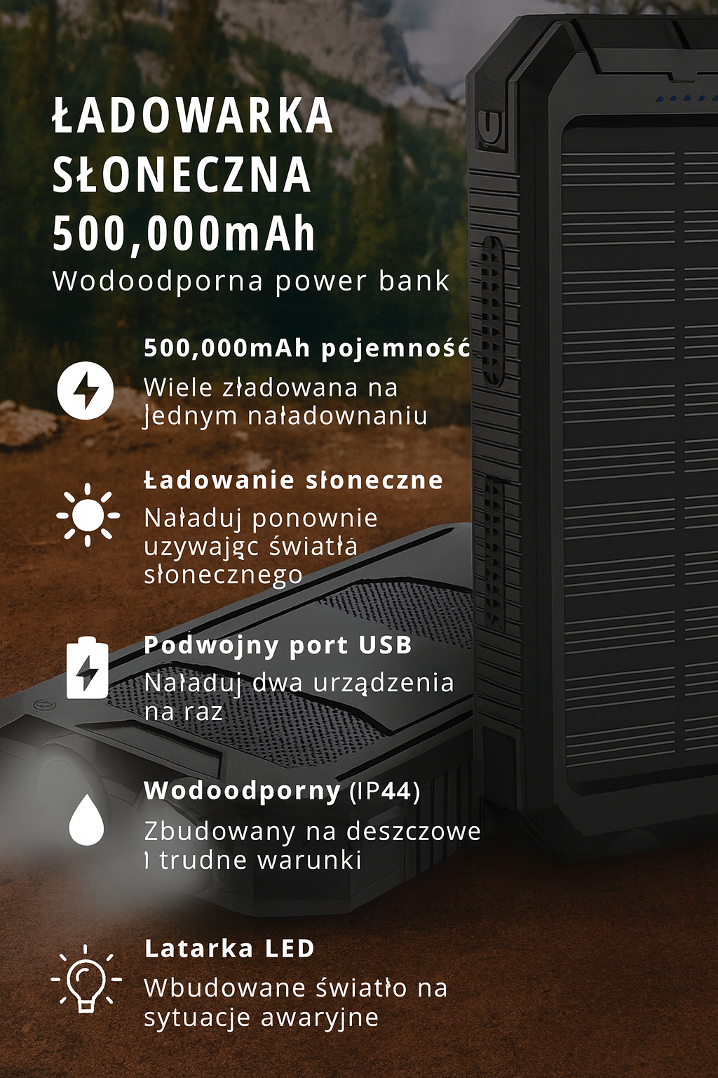 Solaris Trek | Powerbank solarny do telefonu | Wodoodporny i przenośny