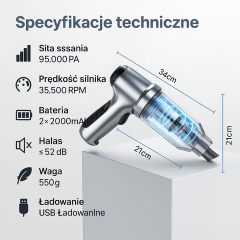VacMaster GO | Bezprzewodowy odkurzacz do auta | 95 000PA z funkcją dmuchawy
