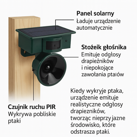 Odganiacz Ptaków z Czujnikiem Ruchu | Ogród Bez Ptaków | Zasilanie Słoneczne
