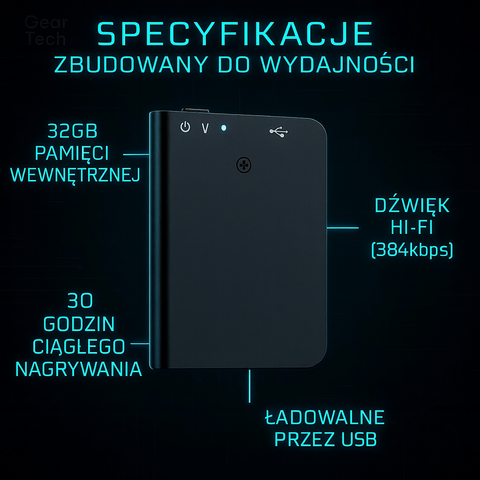 Lumen Mini | Rejestrator Dźwięku | Aktywacja Głosowa i 32GB Pamięci