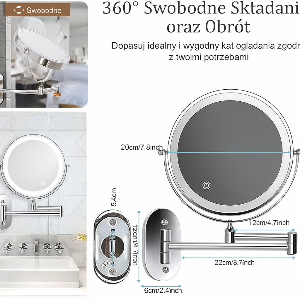Lustro Lumiview | Lusterko Powiększające LED | Montaż Ścienny z Dotykowym Sterowaniem