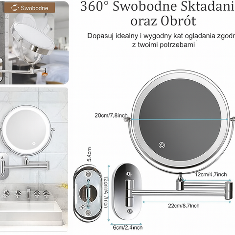 Lustro Lumiview | Lusterko Powiększające LED | Montaż Ścienny z Dotykowym Sterowaniem
