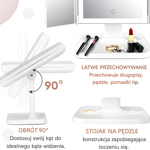 Lusterko Clara | Lusterko Kosmetyczne z Oświetleniem LED | Składane Lustro Potrójne