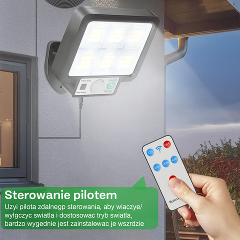 Lampa Solarna Ścienna SolaraMax | 72 COB LED | 1000 Lumenów z Czujnikiem Ruchu i Pilotem