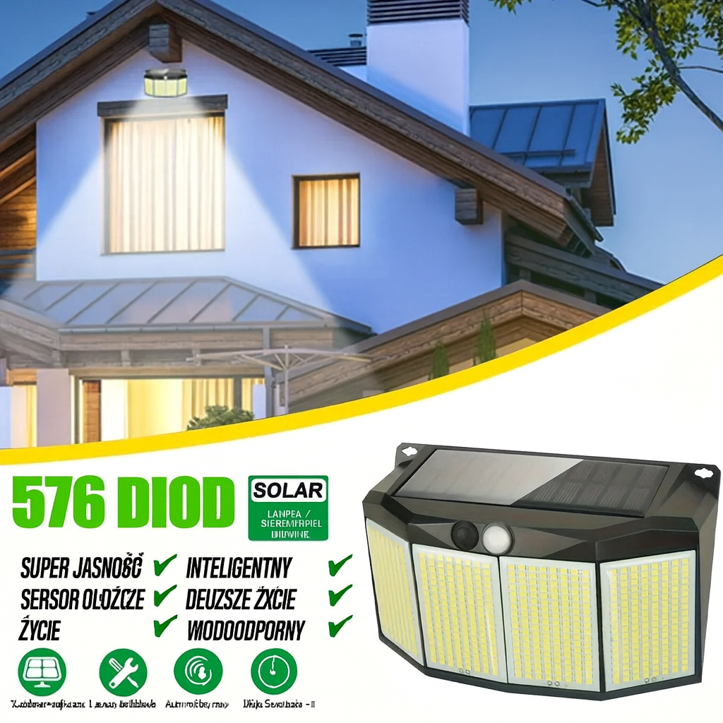 Reflektor Solarny SolarMax | Lampa Zewnętrzna LED 576 | Czujnik Ruchu IP65