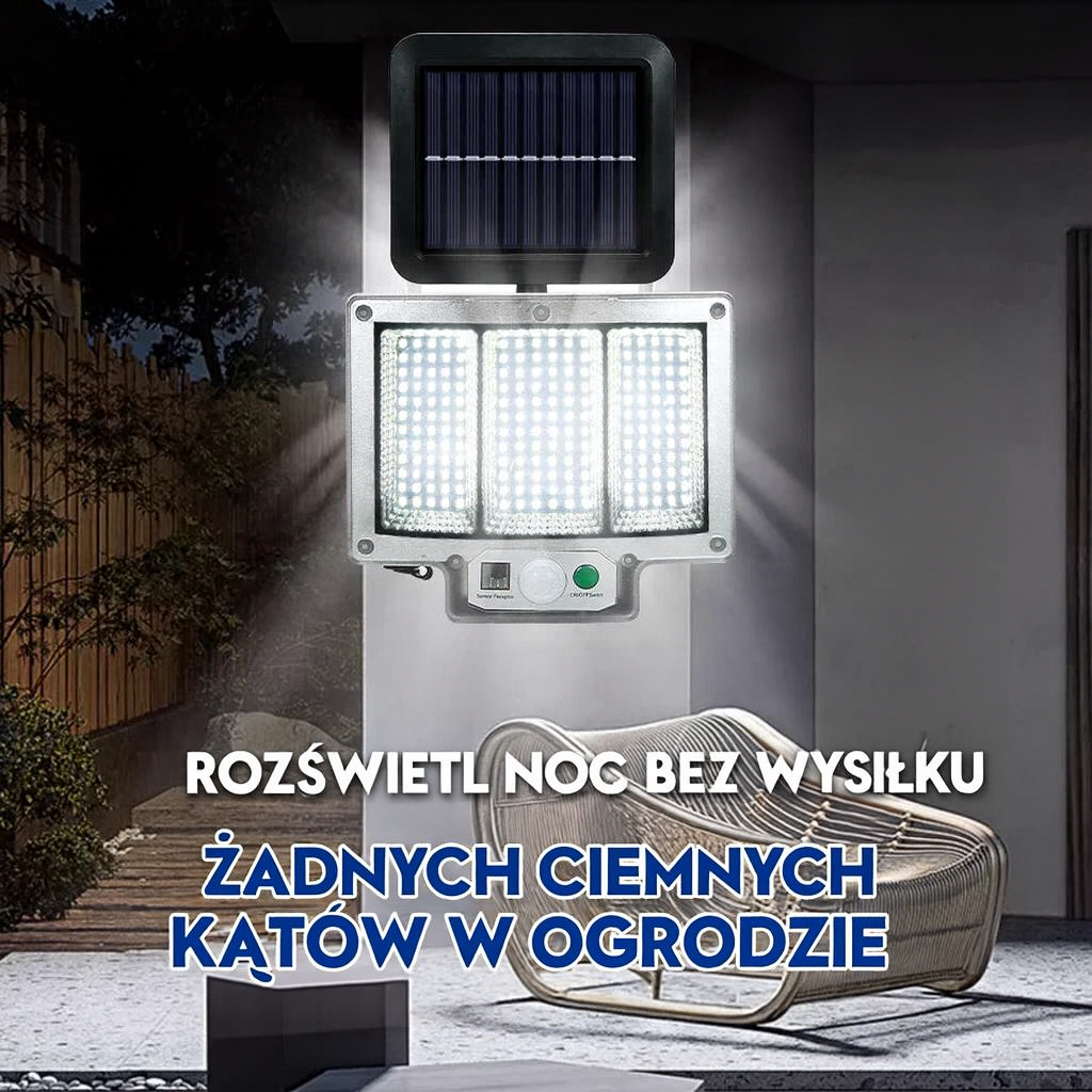 LumoPower Lampa Solarna LED | Reflektor Elewacyjny z Czujnikiem Ruchu | 192 Diod IP65