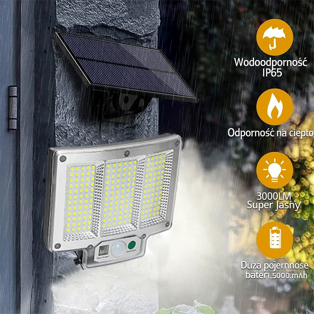 LumoPower Lampa Solarna LED | Reflektor Elewacyjny z Czujnikiem Ruchu | 192 Diod IP65