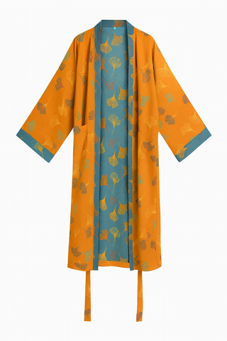 Szlafrok z liściem miłorzębu | Kimono bawełniane | Dwuwarstwowy muślin organiczny