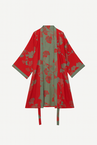 Szlafrok kimono z miłorzębem | Dwustronny z bawełny organicznej | Czerwień & Zieleń