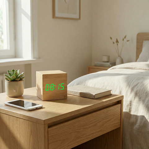 Drewniany Budzik LED | Minimalistyczny Zegar Stołowy | Sześcienna Forma