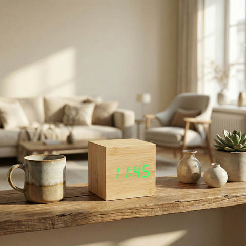 Drewniany Budzik LED | Minimalistyczny Zegar Stołowy | Sześcienna Forma