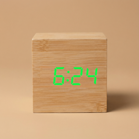 Drewniany Budzik LED | Minimalistyczny Zegar Stołowy | Sześcienna Forma