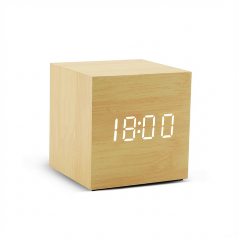 Zegar Stołowy Kubo Time | Zegar Cyfrowy LED | Obudowa Drewniana