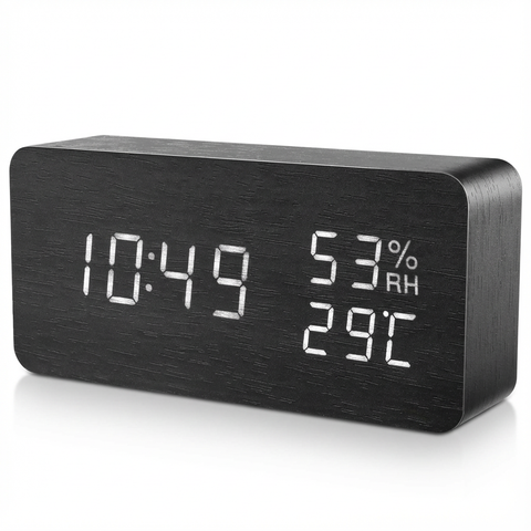 Zegar Stołowy Linea Temp | Zegar Cyfrowy LED | Drewniana Obudowa z Termometrem