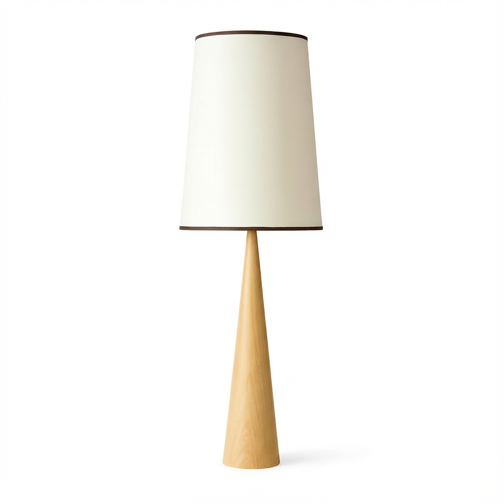 Lampa Ardea | Lampa podłogowa nowoczesna | Stożkowa podstawa drewniana z kloszem tekstylnym
