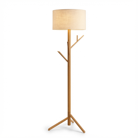 Lampa podłogowa Hiroki | Styl japandi z funkcją wieszaka | Drewno lite