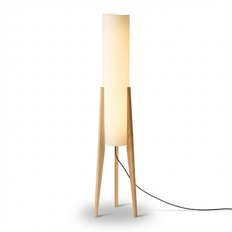 Lampa Podłogowa Elenor | Lampa Stojąca z Tkaninowym Kloszem | Podstawa z Orzecha