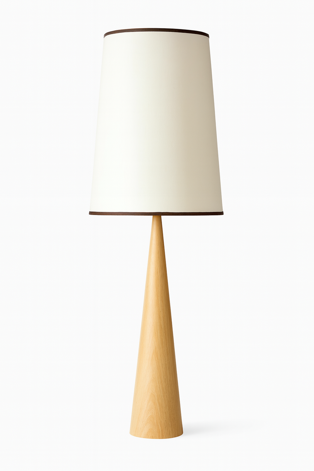 Lampa Ardea | Lampa podłogowa nowoczesna | Stożkowa podstawa drewniana z kloszem tekstylnym