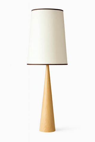 Lampa Ardea | Lampa podłogowa nowoczesna | Stożkowa podstawa drewniana z kloszem tekstylnym