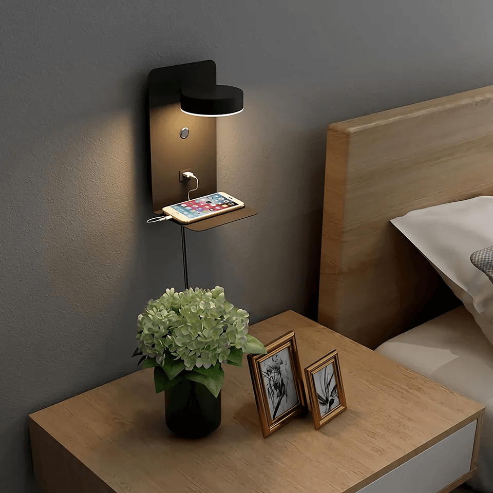 Lampka Ścienna z Półką i USB | Nowoczesne Oświetlenie | Regulowane Światło