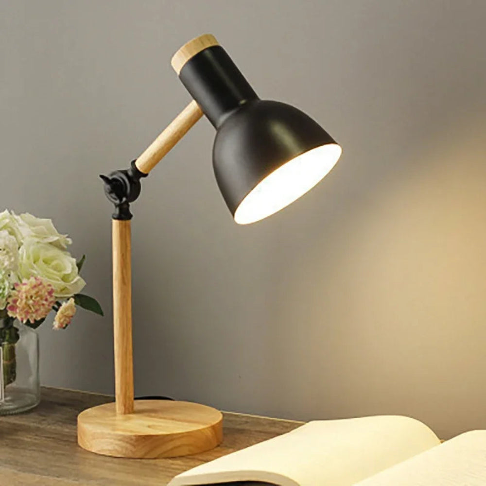 Lampka Biurkowa LumoWood | Skandynawski Styl | Drewno i Lakierowany Metal