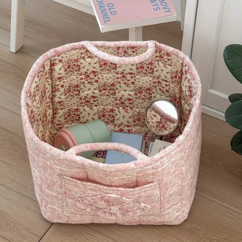 VintageBloom Organizer | Kosz na Tekstylia | Pikowany Bawełniany Kosz z Uchwytem