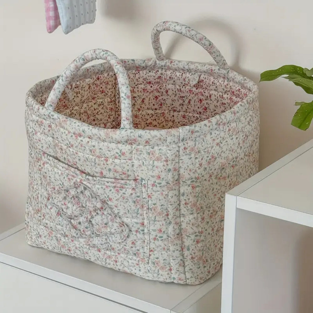 VintageBloom Organizer | Kosz na Tekstylia | Pikowany Bawełniany Kosz z Uchwytem