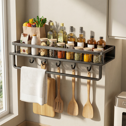 Półka Kuchennego Porządku | Nowoczesna Półka Ścienna | Czarna Metalowa Konstrukcja