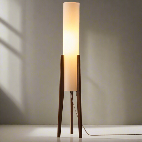 Lampa Podłogowa Elenor | Lampa Stojąca z Tkaninowym Kloszem | Podstawa z Orzecha