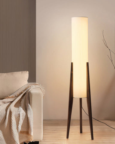 Lampa Podłogowa Elenor | Lampa Stojąca z Tkaninowym Kloszem | Podstawa z Orzecha