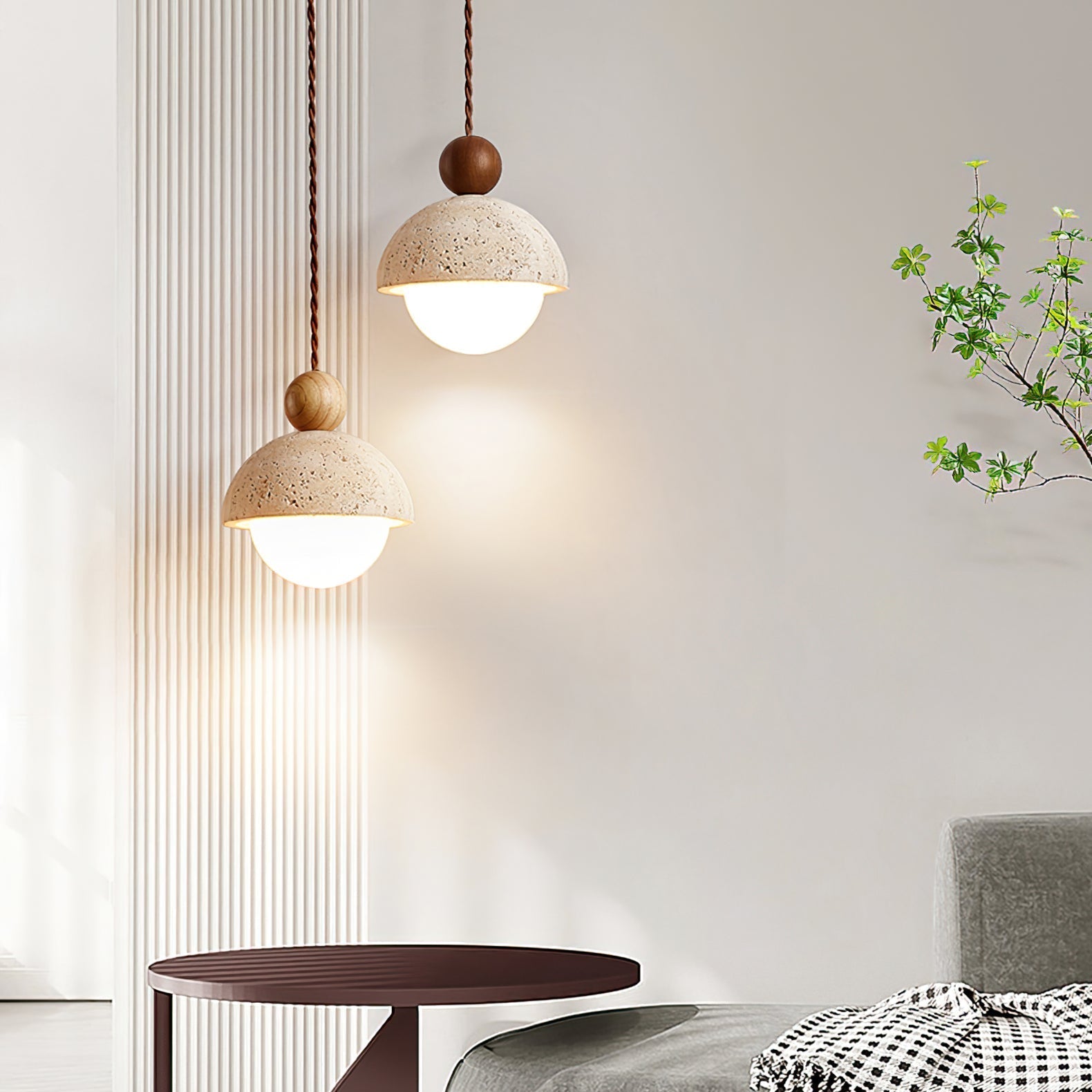 Lampa wisząca Arla | Oświetlenie sufitowe travertyn | Drewno i szkło