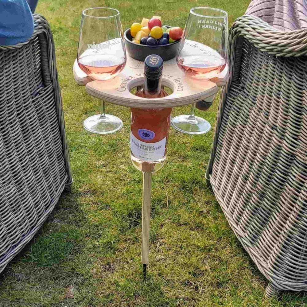 Stolik Piknikowy Picky | Drewniany Stolik na Wino do Ogrodu | Miejsce na Kieliszki i Przekąski