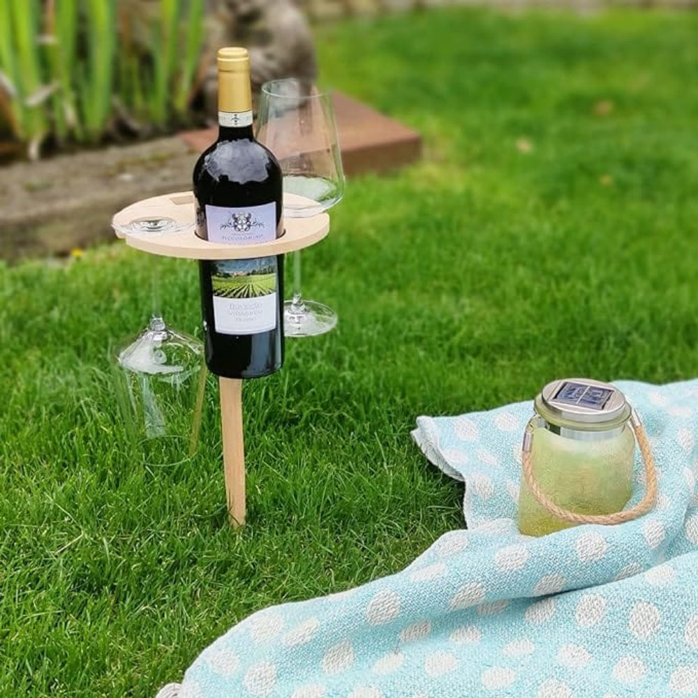 Stolik Piknikowy Picky | Drewniany Stolik na Wino do Ogrodu | Miejsce na Kieliszki i Przekąski