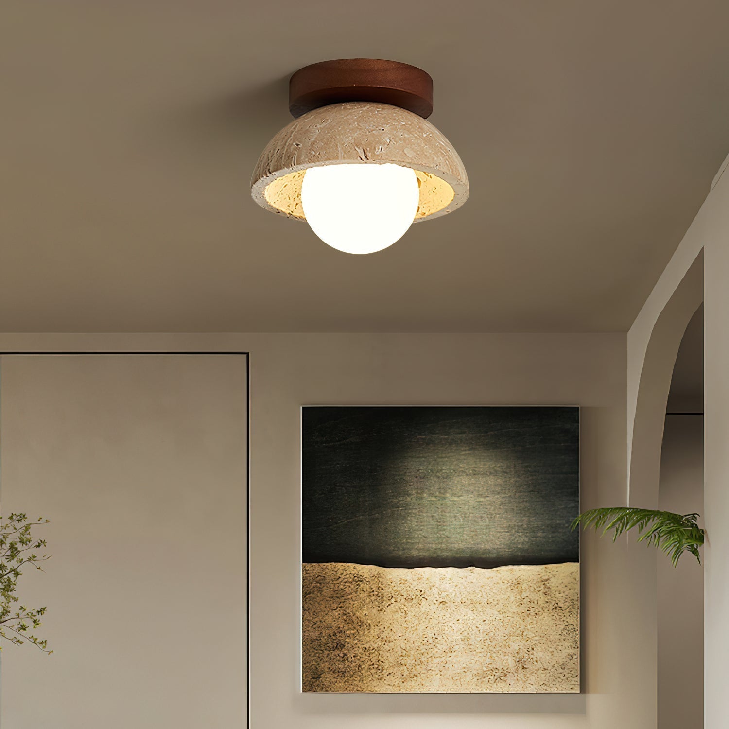 Plafon Navo | Lampa sufitowa z trawertynu | Drewno i szkło