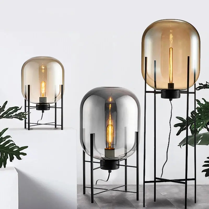 Lampa Podłogowa Riva | Lampa Stojąca | Szkło Dymione i Metal