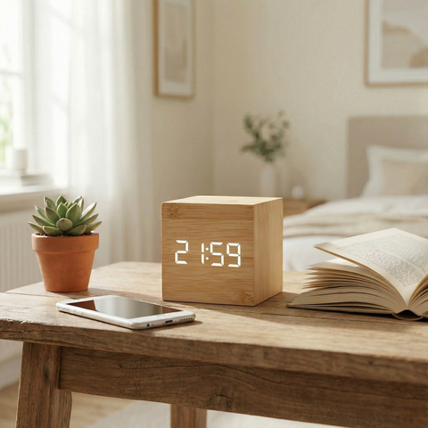Drewniany Budzik LED | Minimalistyczny Zegar Stołowy | Sześcienna Forma