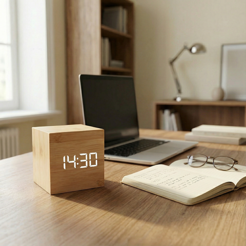 Drewniany Budzik LED | Minimalistyczny Zegar Stołowy | Sześcienna Forma