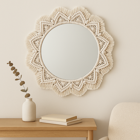 Lustro Ścienne z Makramy | Lustro Dekoracyjne | Bawełniany Styl Boho